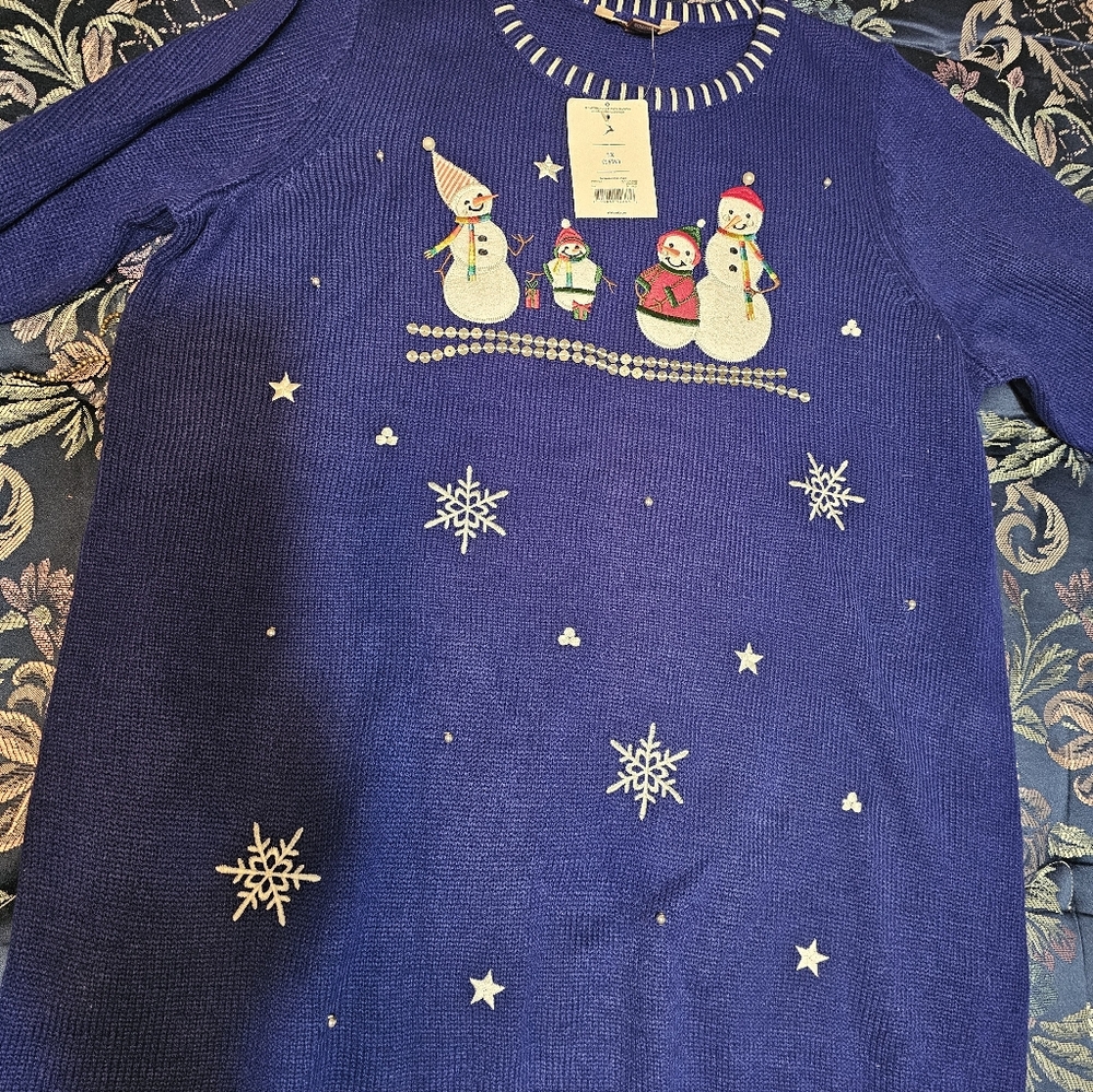 White Stag Purple Womans Holiday Sweater with Snowman Design